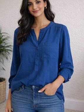 NYDJ Women's Relaxed Henley Blouse - Blue